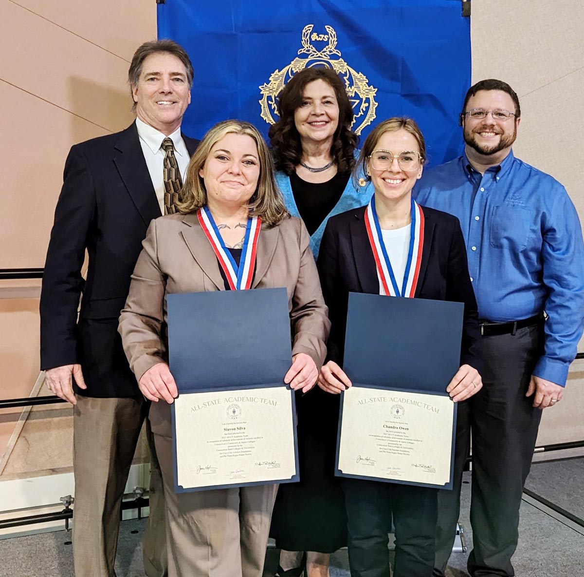 L to R: NVCC student PTK members Siavon Silva of Bristol and Chandra Owen of Brookfield take a moment to celebrate their selection for the 2023 All-CT Academic Team with Greg Harding, NVCC CEO Lisa Dresdner, Ph.D., and Alan Teitleman.