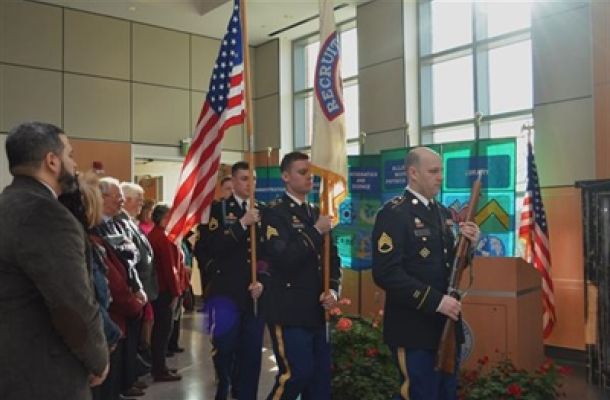 Color Guard Procession, Patriotic Sing-Along among Highlights of All College Meeting